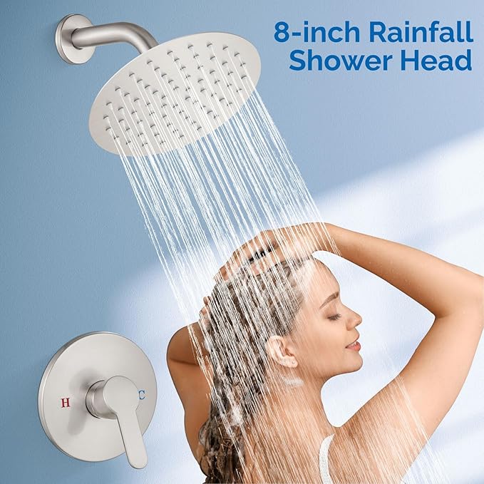 Airuida Shower Faucet Set,8 Inch Round Rainfall Shower Head,SUS304 Stainless Steel Single Handle Shower Trim Kit,Wall Mount Bathroom System with Female Threads Valve Brushed Nickel
