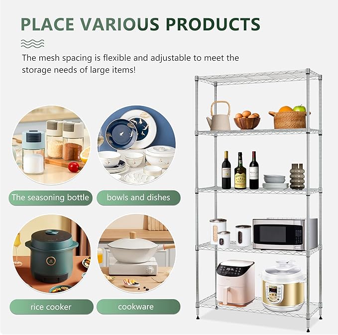 BestOffice | 5-Tier Wire Storage Shelves with Wheels | 14x30x60 | Chrome | Adjustable Racks | Heavy-Duty Metal Shelf, Holds Upto 220 lbs | No-Tool Assembly | Ideal for Home & Garage Shelving