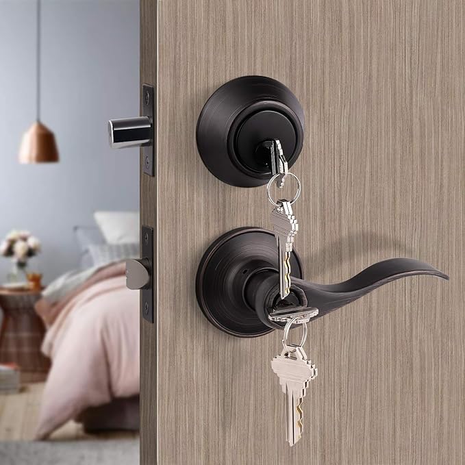 Oil Rubbed Bronze Entry Levers and Single Cylinder Deadbolt Locksets with Same Key,Keyed Alike Entrance Locks,Drop/Wave Lever Style,10Pack
