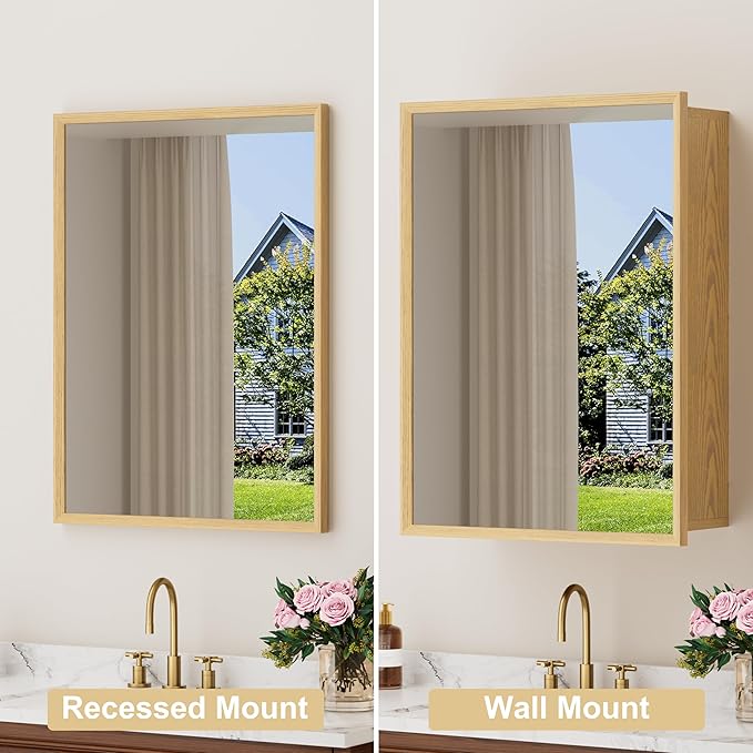 20x28 Inch Wooden Medicine Cabinet with Mirror, Surface or Recessed Mounted Bathroom Cabinets with Door, Adjustable Tempered Glass Shelves, Soft-Close Hinge, Wall Storage, Oak Wood Frame