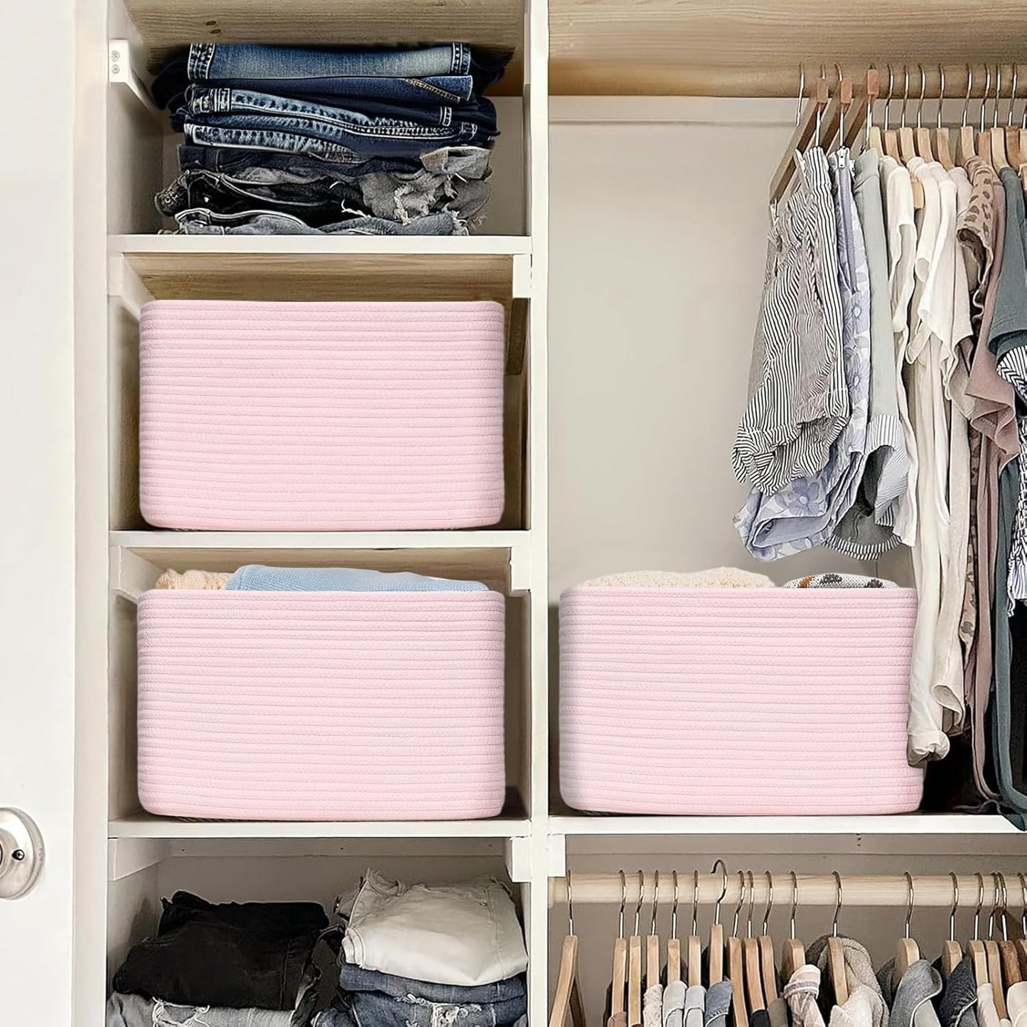 3-Pack Shelf Baskets for Organizing, Woven Storage Basket for Shelves, Cotton Rope Storage Bins for Toys Books, Nursery Towel Baskets for Classroom, 14.96"X9.8"X8.85", Pink