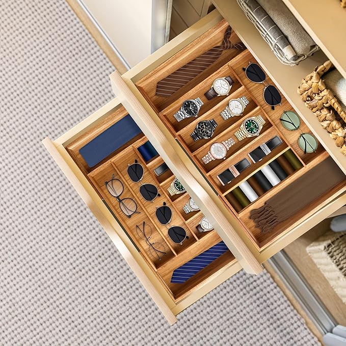 Large Premium Acacia Silverware Organizer - Expandable Drawer Organizer & Utensil Organizer - 17"x19.7" Cutlery Tray with Dividers for Kitchen Utensils and Flatware (7-9 Slots) Acacia