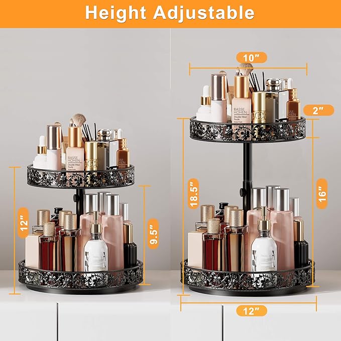 Two Tier Lazy Susan Organizer Turntable Height Adjustable, 2 Tier Lazy Susan 12 Inch Metal Easy Assembly, Spice Rack Organizer Rotating for Cabinet Dining Table Top Kitchen Countertop Black