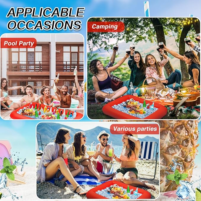 Leitee 4 Pcs Inflatable Ice Serving Bars Buffet Serving Tray Drink Cooler for Pool Party Inflatable Ice Tray Floating Food Drink Containers with Drain Plug and a Hand Pump, 2 Sizes (Red)