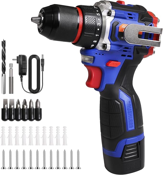 Aspro Cordless Drill Set, 16.8v Brushless Power Drill Cordless Drill with Battery and Charger, 2 Variable Speed, 3/8'' Keyless Chuck, Built-In LED, Versatile Small Drills for DIY Projects