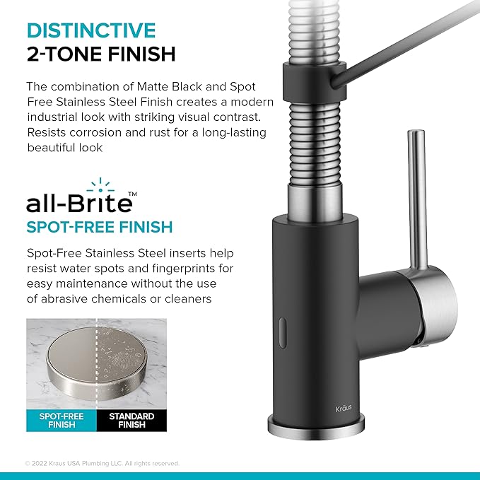 KRAUS Bolden Touchless Sensor Commercial Style 2-Function Single Handle Pull-Down Kitchen Faucet in Spot-Free Stainless Steel / Matte Black, KSF-1610SFSMB