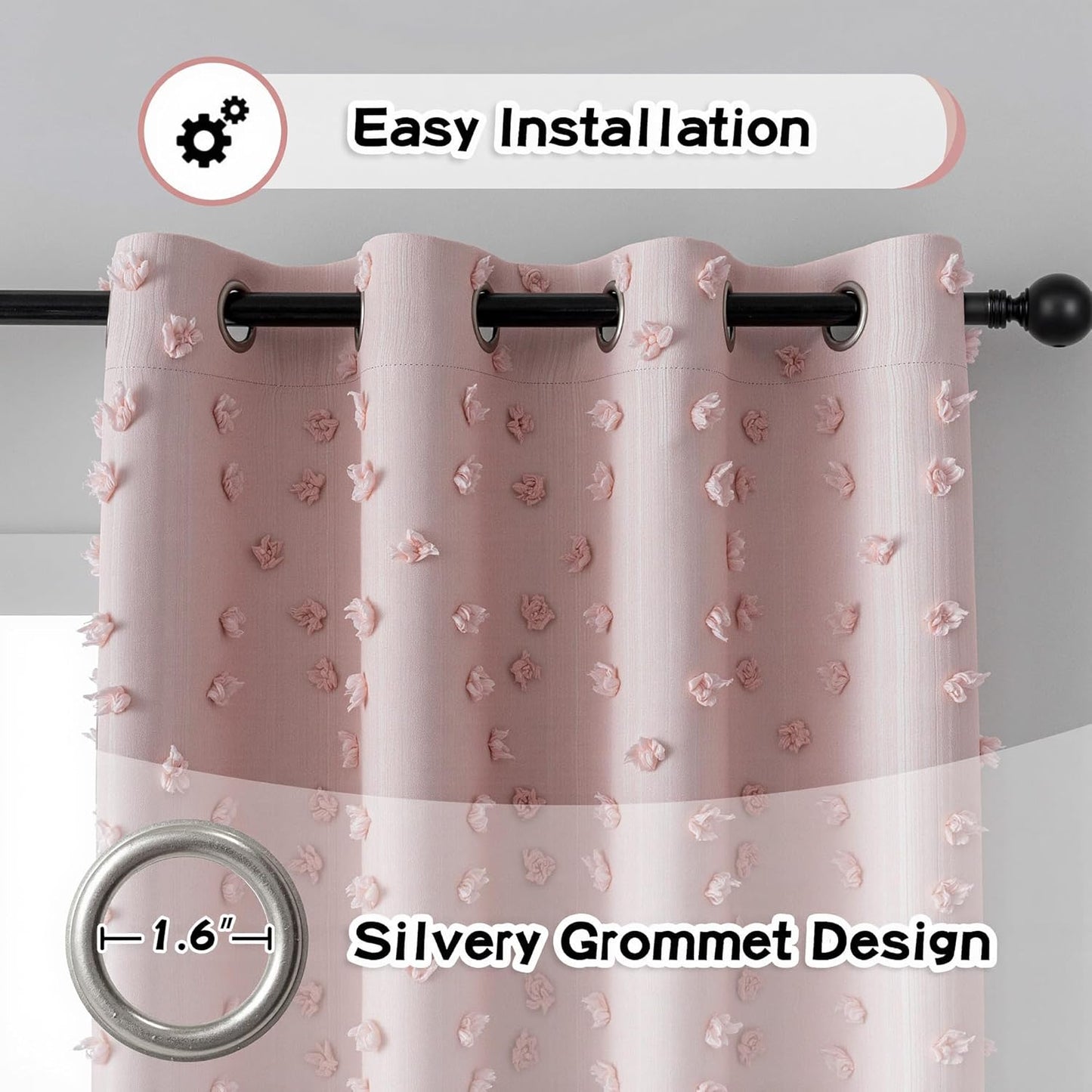 MYSKY HOME 100% Blackout Curtains for Girls Bedroom 90 Inch Long Total Room Darkening Curtain for Living Room 2 Panels Grommet Light Blocking Sliding Door Drapes Blush Pink Pom Pom Sheer 52" x 90"