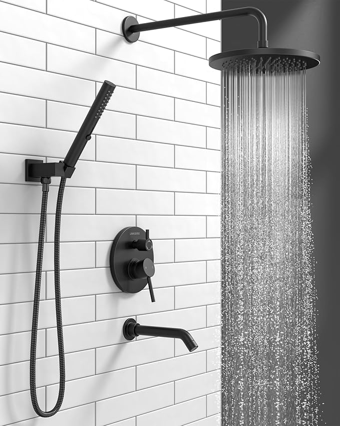 Lava Odoro Modern 3-Setting Round Rain Bathtub and Shower Faucet Set, Black Rainfall Shower Head and Handle Set, Rain Shower System with Tub Spout, Shower Valve Trim Kit, Matte Black, SF104-MB-T