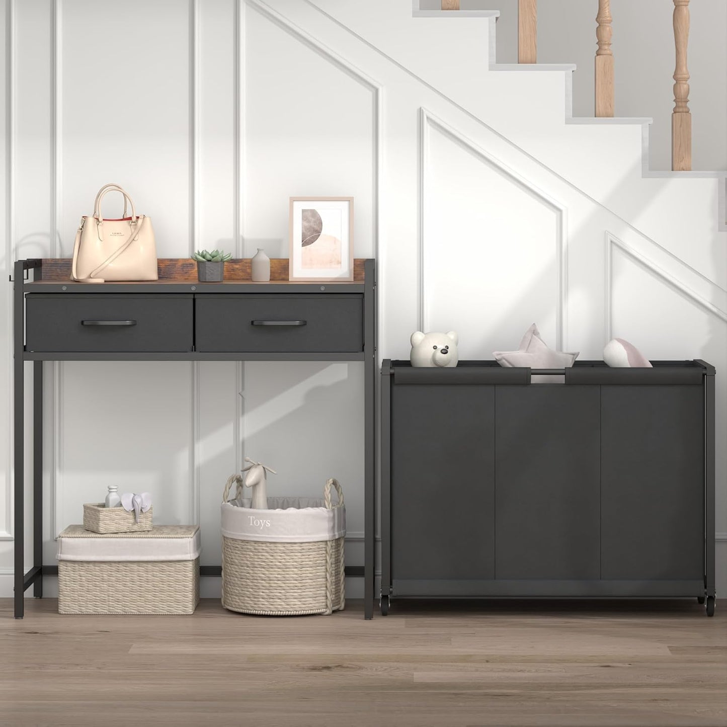 Laundry Hamper Laundry Basket with 3 Section Pull-Out Rolling Bags, Laundry Sorter for Organization and Storage with 2 Pull-Out Drawers for Laundry Room, Bathroom, Bedroom Use (Rustic Brown)