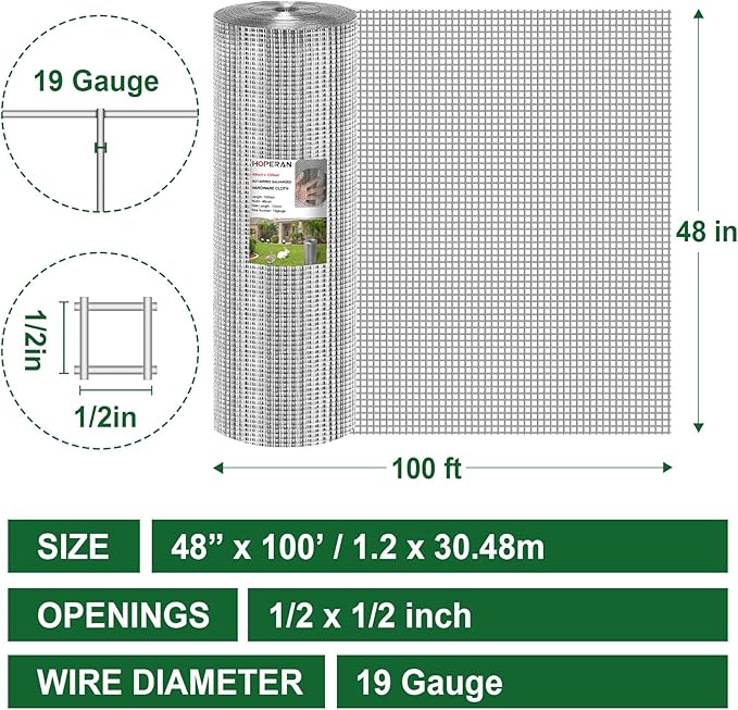 HOPERAN Hardware Cloth 1/2 Inch 48 x 100 ft - 19 Gauge Chicken Wire Fencing, Galvanized Wire Mesh Roll, Welded Wire Fence, Chicken Coop Wire Fence Gopher Wire Rabbit Wire Poultry Netting Cage