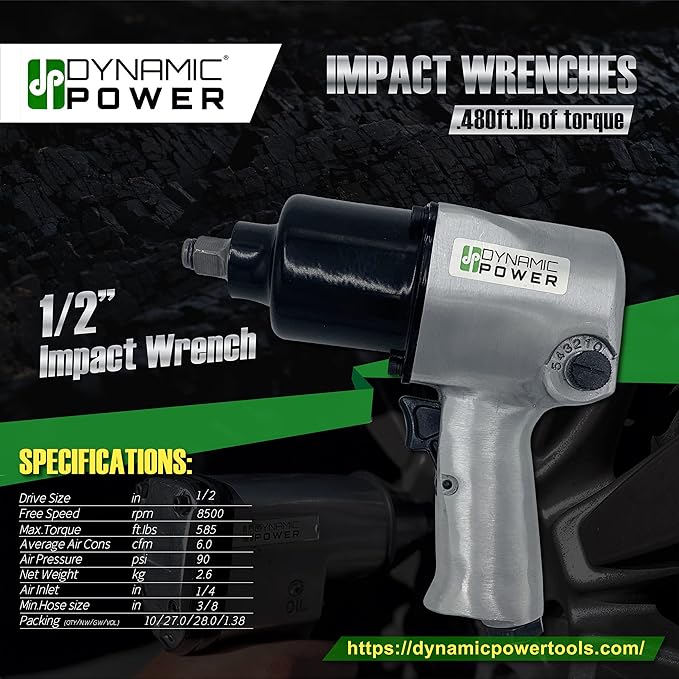 1/2" Air Impact Wrench – 480 ft-lb Torque with Twin Hammer Mechanism and 5 Power Settings, D312100