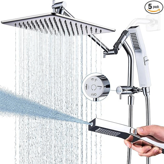G-Promise All Metal 10 Inches Rain Shower Head with Handheld Built-in Power Wash Mode, 3-way Diverter with Pause Setting, 11 Inches Adjustable Extension Arm with Lock Joint, Long Hose (Chrome)