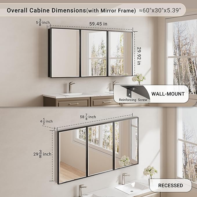 60x30 Inch Black Medicine Cabinet Mirror, Surface or Recessed Large Framed Medicine Cabinet with 3 Beveled Mirror Door & Adjustable Shelves,Shatterproof, Full-Assembled Storage Wall Cabinet