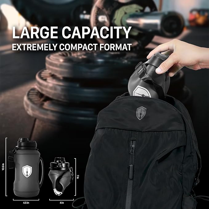 Collapsible Water Bottle for Traveling, Workout or Hiking 64oz Gen 2.0 - Motivational Water Bottle with Time Markings - Half Gallon / 2 L Capacity - BPA Free & Dishwasher Safe (Modern Black + Filter)