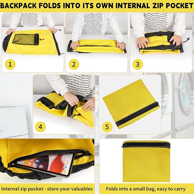 Laundry Bag Backpack with Shoulder Straps and Mesh Pocket Foldable Laundry Hamper for College, Apartment, Laundromat (Yellow)