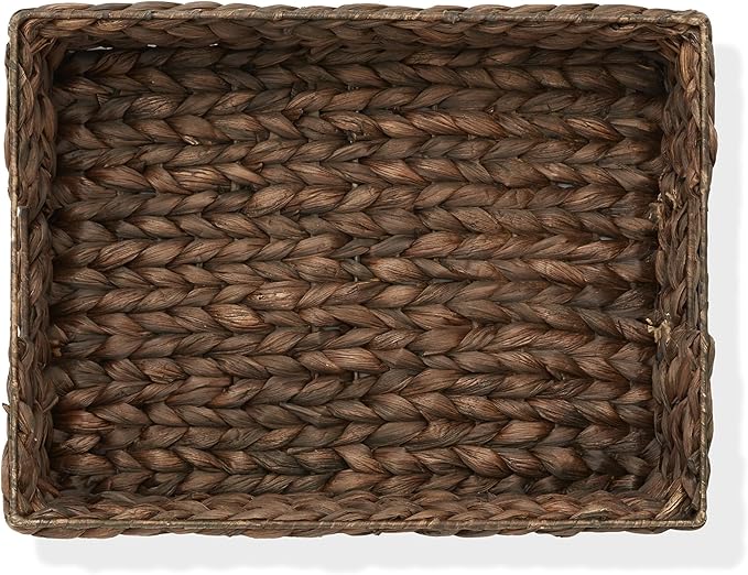 Casafield Set of 4 Water Hyacinth Pantry Baskets, 12-1/2" x 17" x 5", with Chalkboard Labels and Chalk Marker - Espresso, Woven Storage Bin Organizers for Kitchen Shelves