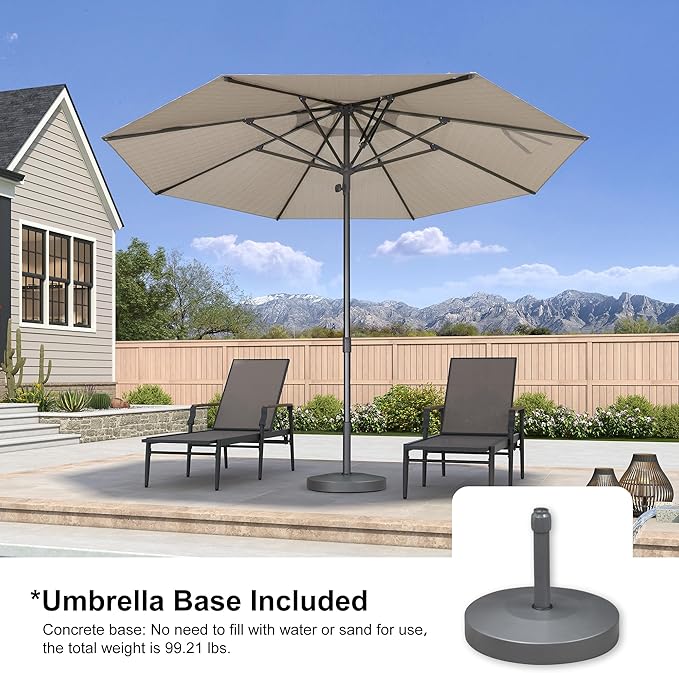 PURPLE LEAF 11.5 FT Semi-Auto Outdoor Patio Umbrella with Base Market Table Sun Umbrellas with 8 Aluminum Sturdy Ribs for Backyard Deck Garden Pool (Gray Pole Beige Canopy)