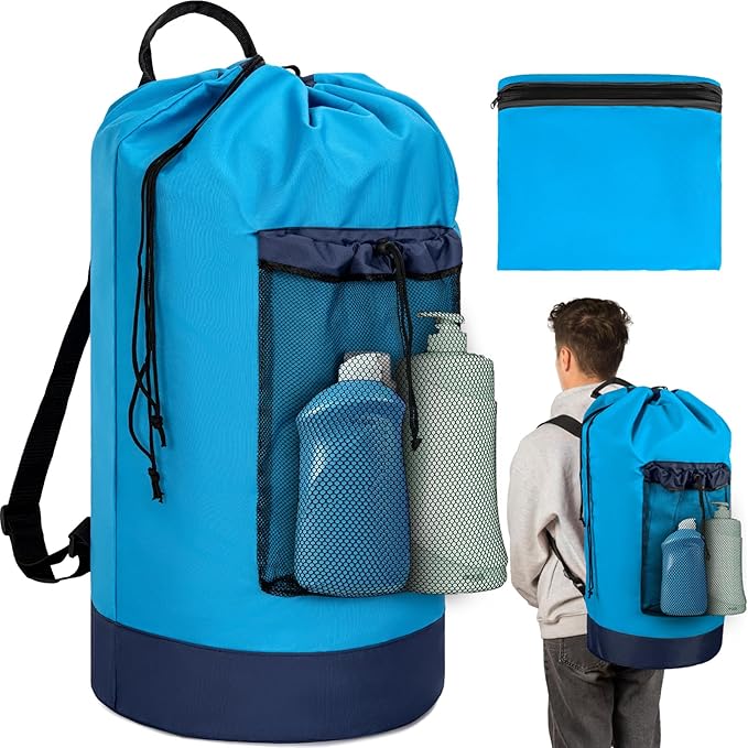 Laundry Bag Backpack with Shoulder Straps and Mesh Pocket Foldable Laundry Hamper for College, Apartment, Laundromat (Blue)