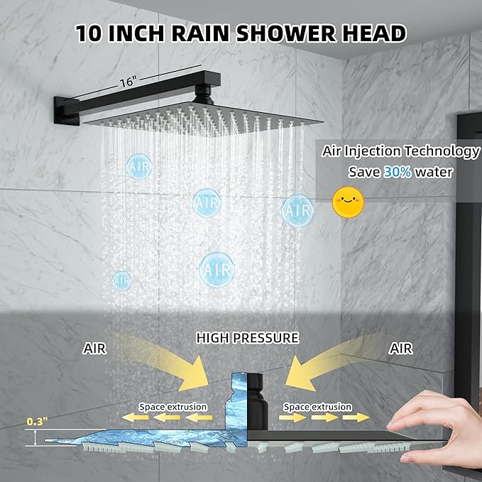 10 Inch Shower Faucet Set, Rainfall Shower System with Square Fixed Shower Head and High Pressure Handheld Shower Head, Spray Wall Mounted Rainfall Shower Fixtures, Matte Black