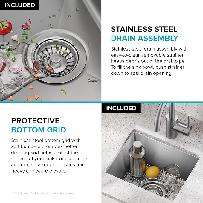 KRAUS Fairlane 15-inch Undermount Single Bowl 18-Gauge Stainless Steel Kitchen Bar Sink, KHU631-15