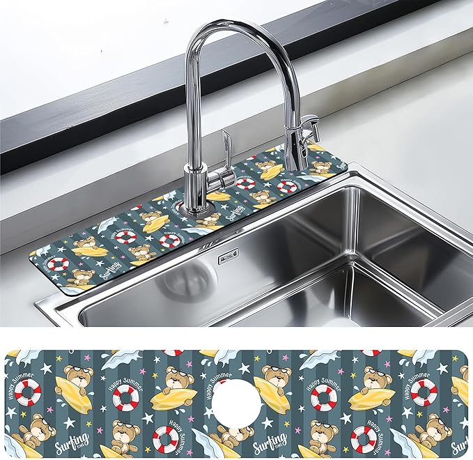 Kitchen Sink Splash Guard Faucet Mat Cartoon Bear Surfing Sink Splash Guard Behind Faucet,1 PC Soft Diatom Mud Non-Slip Mat-for Kitchen,Sink Mat,Dish Drying Mat,Bathroom Faucet Mat 23.5"X5.5"