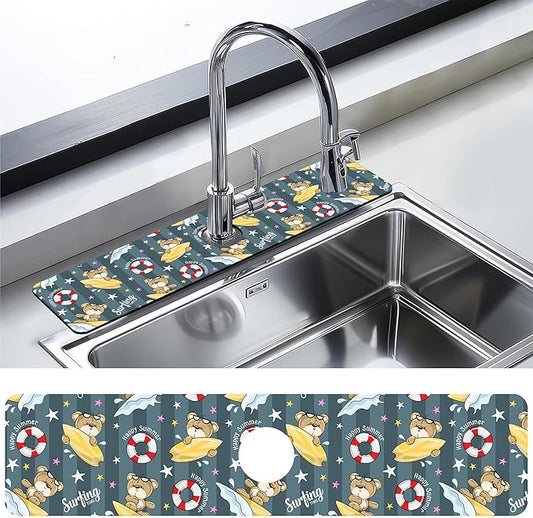 Kitchen Sink Splash Guard Faucet Mat Cartoon Bear Surfing Sink Splash Guard Behind Faucet,1 PC Soft Diatom Mud Non-Slip Mat-for Kitchen,Sink Mat,Dish Drying Mat,Bathroom Faucet Mat 23.5"X5.5"