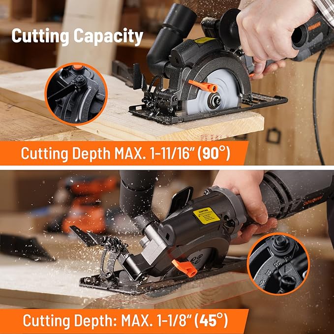 Circular Saw, 5.8A 4-1/2" Circular Saw w/Laser, Metal Auxiliary Handle, 6 Blades (4½", 4¾"), Cutting Depth 1-11/16" (90°), 1-3/8" (45°), Ideal for Wood, Soft Metal, Plastic, Tile - MCS01A