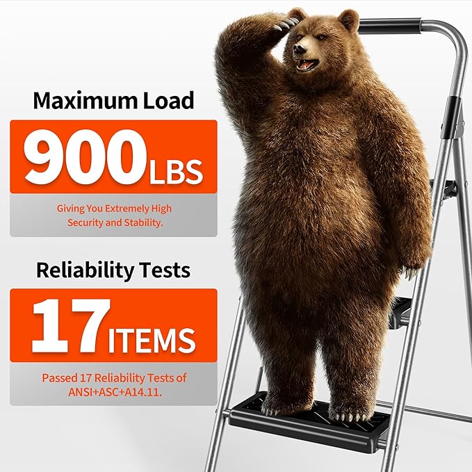 3 Step Ladder, Folding Step Stool with Anti-Slip Wide Pedal, Soft Handle, Anti-Slip Feet, Sturdiest Steel Construction, 900lbs Capacity Steel Ladder for Home and Office, Grey