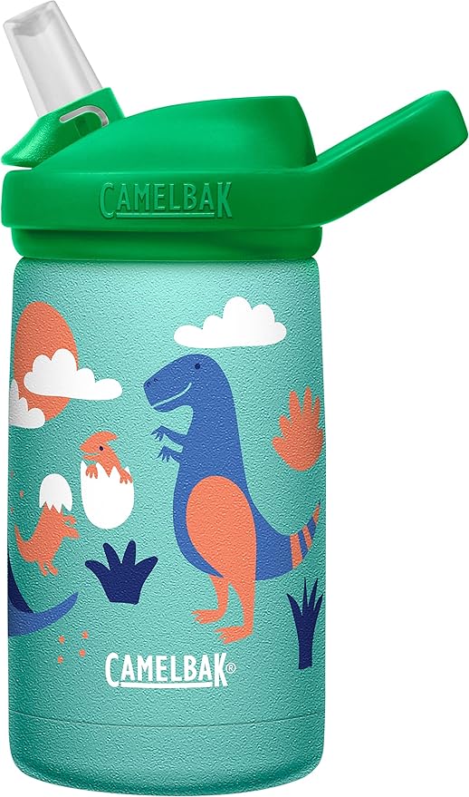 CamelBak eddy+ Kids Water Bottle with Straw, Insulated Stainless Steel - Leak-Proof when Closed, 12oz, Dino Volcanos