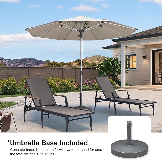PURPLE LEAF 10 FT Semi-Auto Outdoor Patio Umbrella with Base Market Table Sun Umbrellas with 8 Aluminum Sturdy Ribs for Backyard Deck Garden Pool (Silver Pole Beige Canopy)