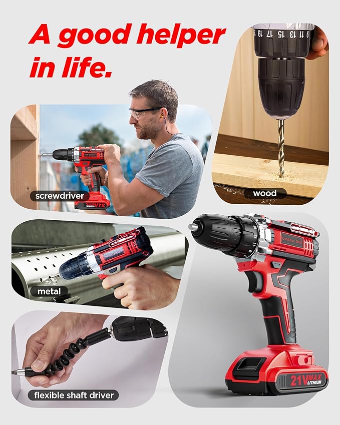 Cordless Drill Set, KELNOW 21V PowerDrill with Power Pack and Charger, 3/8-Inch Keyless Chuck ElectricDrill, 25+1 Position, 2 Speed, 27pcs Drilldriver Bits Tool Drills for DIY Projects