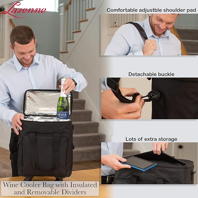 Lazenne Wine Bags for Travel - 6 Bottle Wine Bag/Wine Carrier - Wine Luggage For Professionals and Consumers. 3-in-1 Wine Tote, Rolling Suitcase and Insulated Cooler Bag with Removable Dividers
