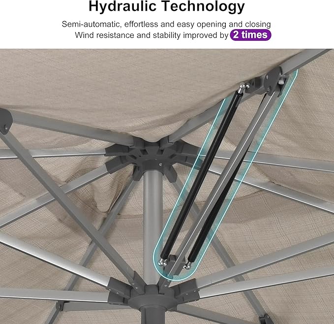 PURPLE LEAF 9 X 12 FT Semi-Auto Outdoor Patio Umbrella with Base Market Table Sun Umbrellas with 8 Aluminum Sturdy Ribs for Backyard Deck Garden Pool (Silver Pole Beige Canopy)