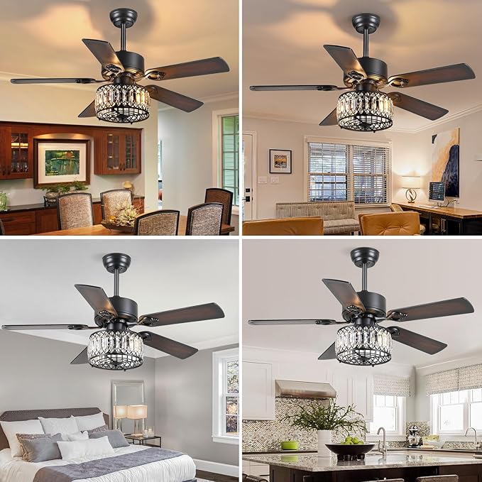 Chandelier Ceiling Fans with Lights, Crystal Ceiling Fan with Remote, 48 Inch Farmhouse Fandelier Ceiling Fan for Living Room Dining Room Bedroom, Dual Finish Wooden Blades, Black