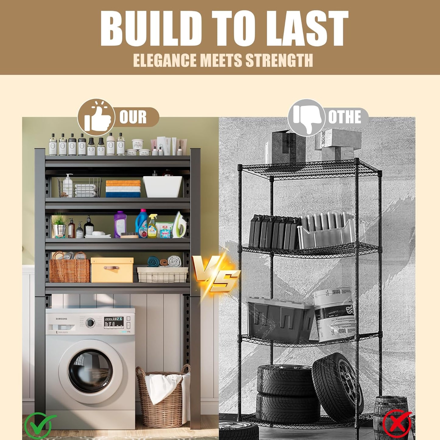 Upgraded Over The Toilet and Washer Storage Shelf,4 Tiers Laundry Room Standing Shelf,Bathroom Storage and Organizer Rack,Laundry Room Space Saver with Adjustable Shelves,39" W x 14" D x 63" H, Black