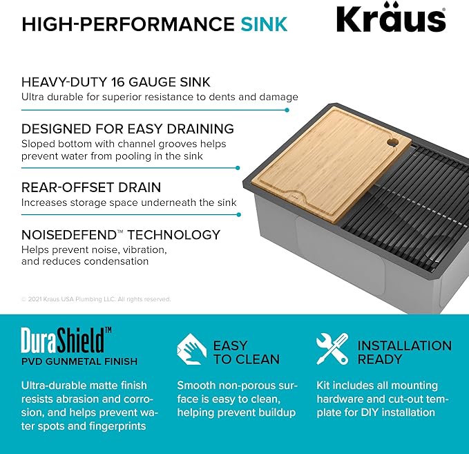 KRAUS Kore 27 Inch Undermount Workstation 16 Gauge Stainless Steel Single Bowl Kitchen Sink with Accessories in PVD Gunmetal Finish with Accessories, KWU110-27-PGM