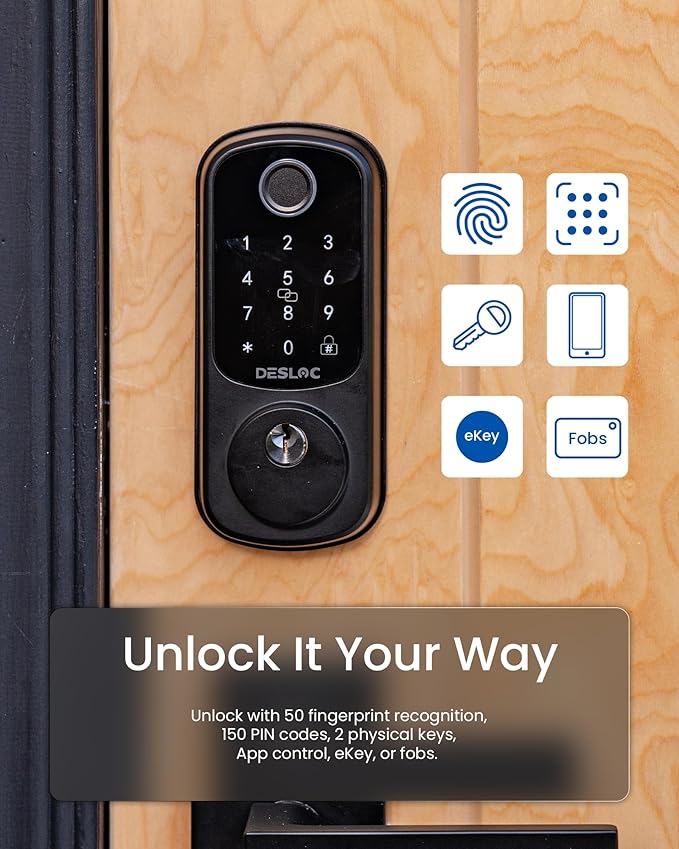 DESLOC Smart Door Lock B200, Smart Deadbolt Lock, Keyless Entry Door Lock, Fingerprint Smart Lock, Smart Locks for Front Door, App Control, Touchscreen Keypad Deadbolts,12-Month Battery, Matte Black