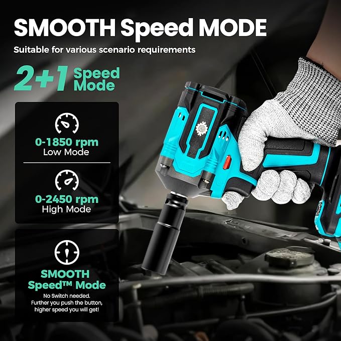 Cordless Impact Wrench High Torque, 442.5Ft-lbs, 1/2" Brushless Impact Gun, 2450RPM High Torque Gun, 4.0 Ah Battery, Electric Impact Motor Variable Speeds for Car/Truck/RV/Mower, 20V