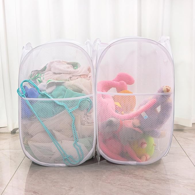 Collapsible Mesh Laundry Basket，Pop Up Laundry Hamper-Easy Storage, Ideal for Home and Travel Use (2 white)