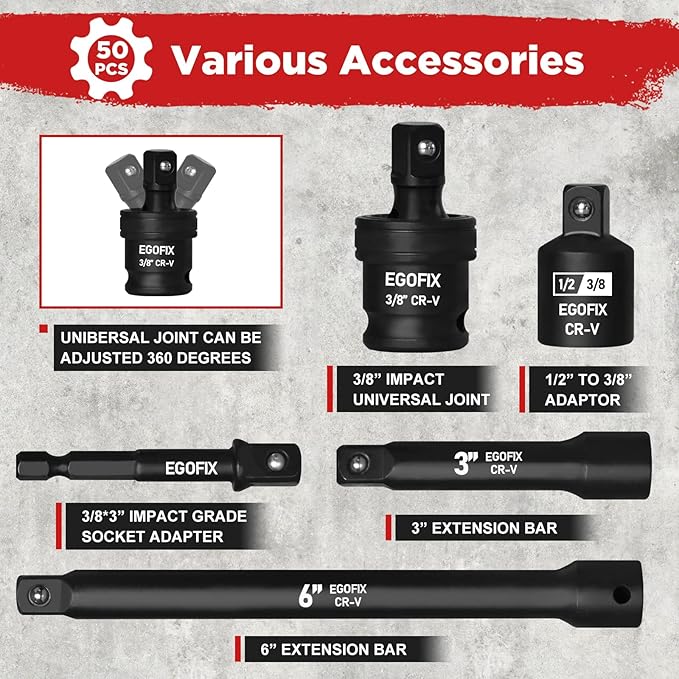 3/8" Drive Impact Socket Set, 50 Piece Standard SAE (5/16 to 3/4 inch) and Metric (8-22mm) 6 Point, with Adjustable Ratchet Handle, Extension Bars, Impact Universal Joint, Adapter, Cr-V Steel