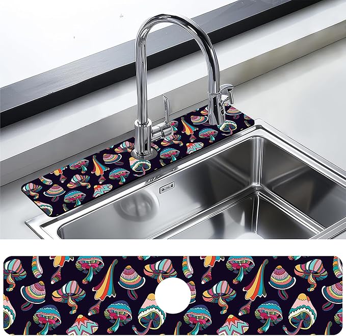 Kitchen Faucet Mat Magic Mushrooms Kitchen Sink Splash Guard Faucet Mat,1 PC Splash Guard Behind Faucet Drip Catcher for Kitchen,Sink Mat,Dish Drying Mat,Bathroom Faucet Mat 23.5""X5.5""