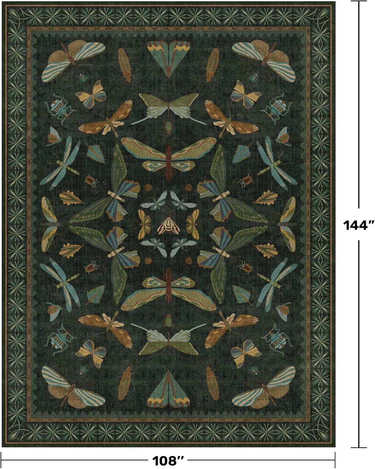 Forest Green Rugs for Living Room - 9x12 Big Rugs for Bedroom, Dining Room, Guest Room, Insect Moth Décor, Non Slip Low Pile