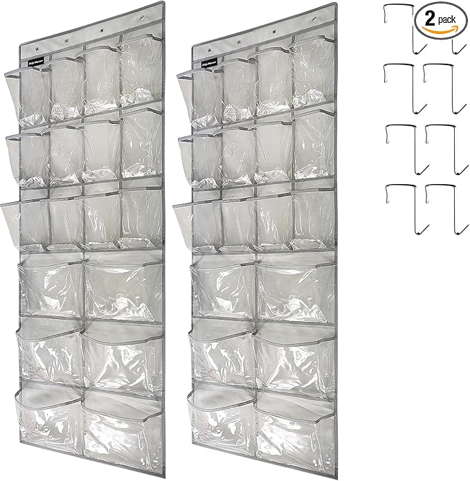 2 Pack Extra Large Hanging Crystal Clear Over Door Shoe Organizers, Closet Shoe Rack Organizer, 12+6 Pockets, 8 Hooks, Grey (59" x 21.6")
