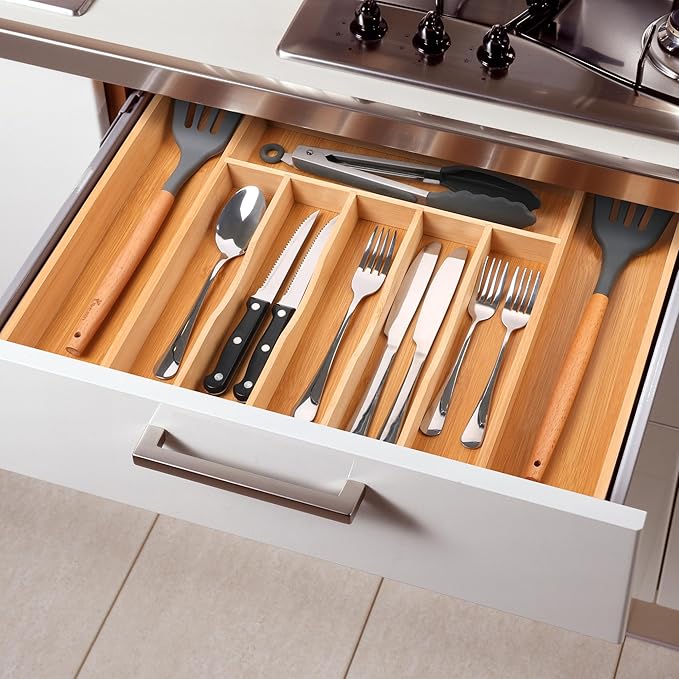 Large Premium Bamboo Silverware Organizer - Expandable Drawer Organizer & Utensil Organizer - 17"x19.7" Cutlery Tray with Dividers for Kitchen Utensils and Flatware (7-9 Slots) (Natural)