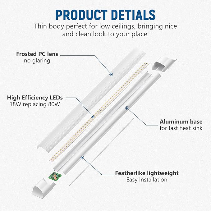 DAKASON 4-Pack 2FT LED Ceiling Light for Garage Flush Mount, 18W 2160lm LED Shop Lighting Closet Light Fixture, Wraparound Lights Surface Mount, 3/4/5000K Adjustable