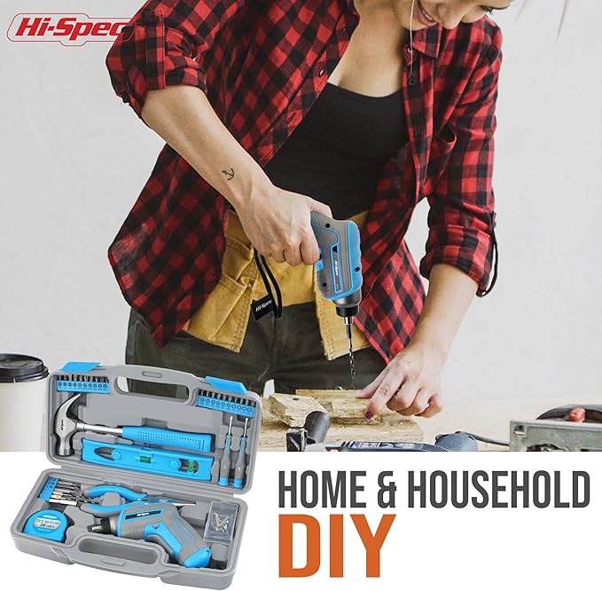 Hi-Spec 35pc Blue Tool Kit with 3.6V USB Electric Screwdriver and Drill set. Complete General Tool Set