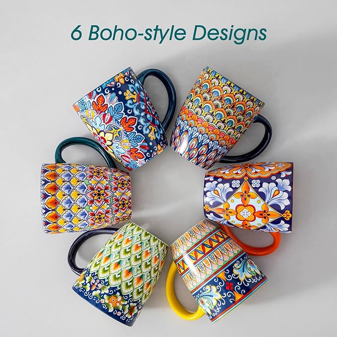 vancasso 16 oz Coffee Mugs Set of 6, Large Ceramic Mug with Handle, Boho Coffee Cups for Latte, Cappuccino & Hot Chocolate, Dishwasher & Microwave Safe Gift Set, Series SIMI