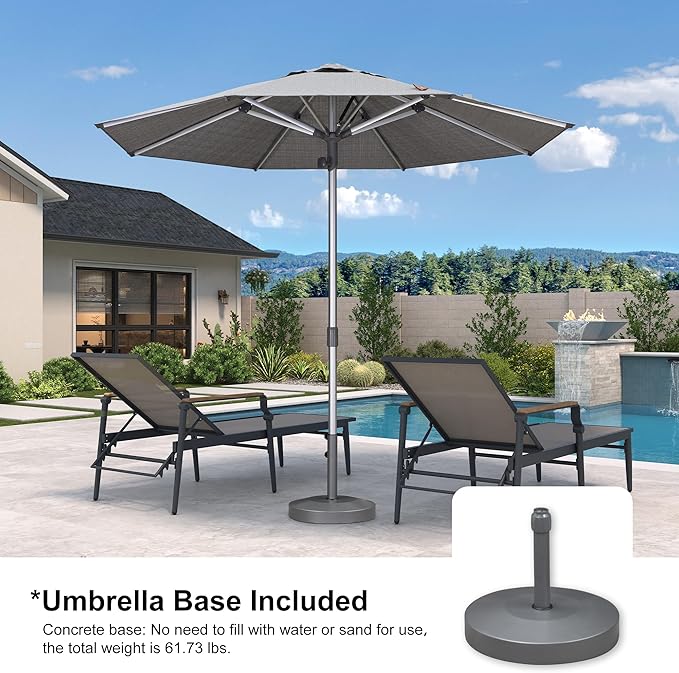 PURPLE LEAF 9 FT Semi-Auto Outdoor Patio Umbrella with Base Market Table Sun Umbrellas with 8 Aluminum Sturdy Ribs for Backyard Deck Garden Pool (Silver Pole Gray Canopy)