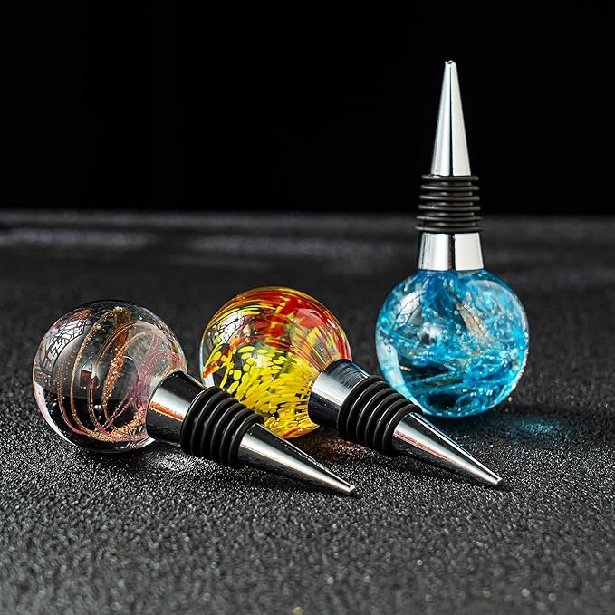 Murano Glass Wine Stopper Bottle Stopper - Wine Saver, Reusable Wine Corks for Beverage, Stainless Steel Wine Stopper For Gifts, Bar, Holiday Party, Wedding
