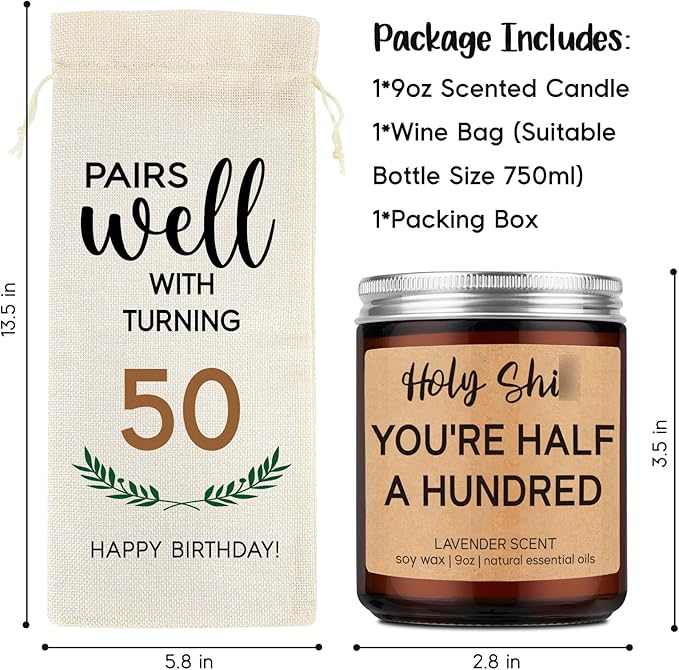 Fairy's Gift 50th Birthday Candle & Wine Bag - Cool Gifts for 50 Year Old Woman Man, Funny 50th Birthday Gifts for Women Men, 50 Year Old Gifts for Her Him, Turning 50 Birthday Gifts Ideas